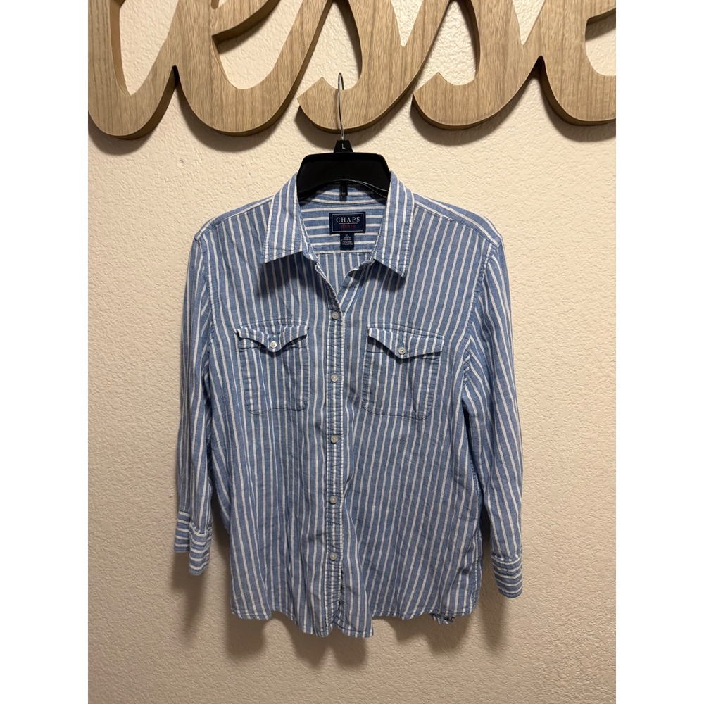 Chaps Denim Collared Button Down Striped Blue Size XL